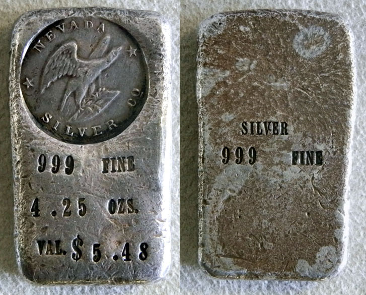 1919 - 1927 SILVER NEVADA SILVER CO. WESTERN BAR INGOT 4.25 OZS