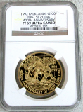 1992 GOLD FALKLAND ISLANDS 100 POUNDS NGC PROOF 69 ULTRA CAMEO ONLY 400 MINTED "400TH ANNIVERSARY SHIP DESIRE AT SEA"