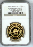 1991 P GOLD AUSTRALIA $100 NGC PROOF 69 ULTRA CAMEO ONLY 328 MINTED "WALLAROO" 