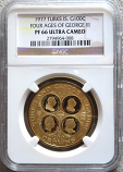 1977 GOLD TURKS & CAICOS 100 CROWNS NGC PROOF 66 ULTRA CAMEO ONLY 886 MINTED "FOUR AGES OF GEORGE III" 