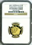 2001 PERTH MINT GOLD AUSTRALIA 10 CENT NGC PROOF 70 ULTRA CAMEO ONLY 650 MINTED "LYREBIRD"