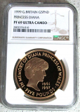 1999 GOLD GREAT BRITAIN 5 POUND NGC PROOF 69 ULTRA CAMEO MEMORY OF DIANA