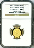 2001 GOLD AUSTRALIA 5 CENT NGC PERFECT PROOF 70 ULTRA CAMEO ONY 650 MINTED "ECHIDNA'