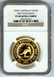 1990 P GOLD AUSTRALIA $100 KANGAROO NGC PROOF 68 ULTRA CAMEO ONLY 519 MINTED "GREY KANGAROO"
