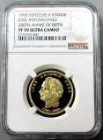 1990 GOLD VENEZUELA 5000 BOLIVARES NGC PROOF 70 ULTRA CAMEO JOSE PAEZ BICENTENNIAL TOP POP 1