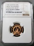 1968 GOLD ALBANIA 20 LEKE CORNUCOPIA RIGHT PARIS MINT PRINCE SKANDERBEG COIN NGC PROOF 67 ULTRA CAMEO ONLY 24 MINTED